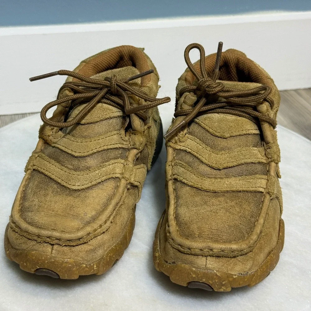 Twisted X Kids Brown Leather Star Overlay Driving Moccasins Lace Up Shoes farm *